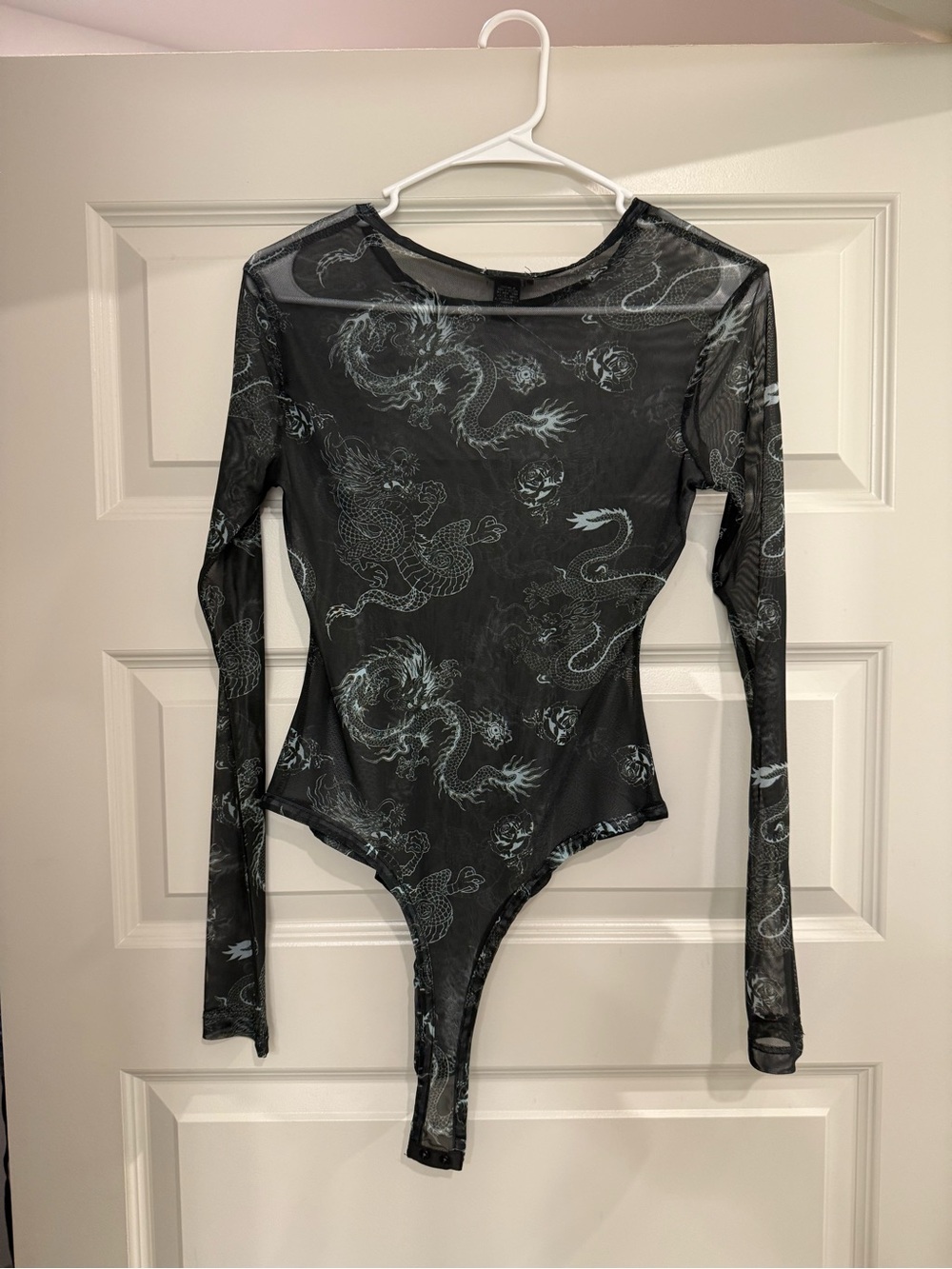 Sheer Dragon Print Long Sleeve Bodysuit - Black with Silver Dragons